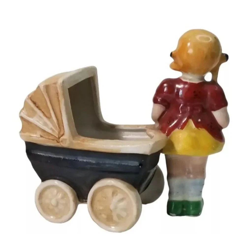 Vintage Ceramic Planter Hand Painted Girl With Pram Figurine Made In Japan Baby